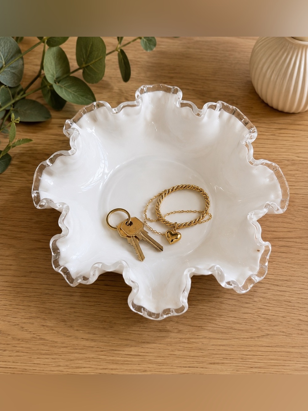 FENTON Silver Crest White Milk Glass Candy Dish Bowl Ruffled Rim Edge 8” Vintage